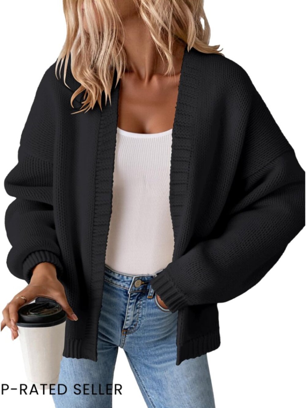 Chunky Knit Cardigan Oversized Lantern Sleeve Open Front Sweater Jacket